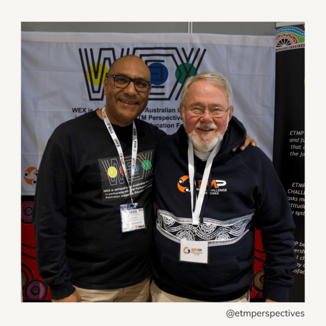 Cedric Greive and Duane Vickery together at a WEX event, both wearing ETMP lanyards