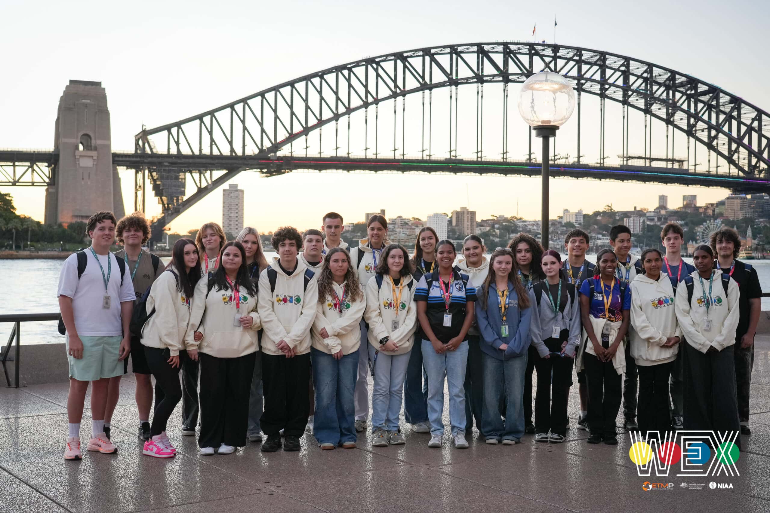 WEX Regional 2026 students photographed in front of the Sydney Harbour Bridge